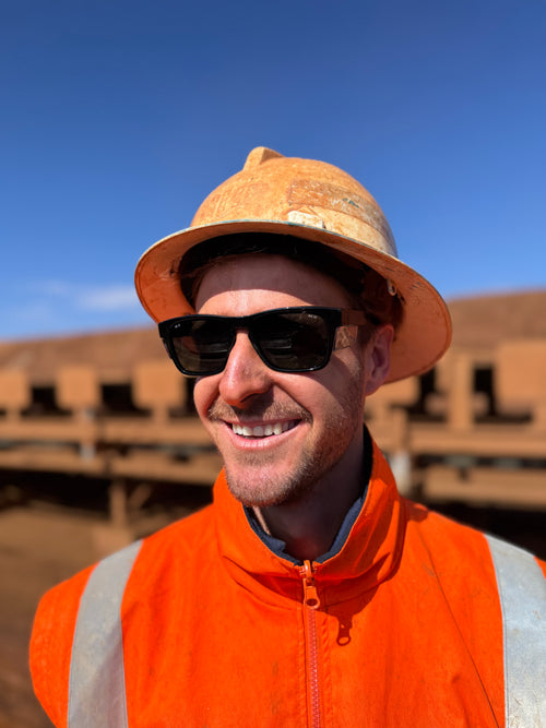Pilbara Edition Gloss Black safety glasses with grey polarised lenses